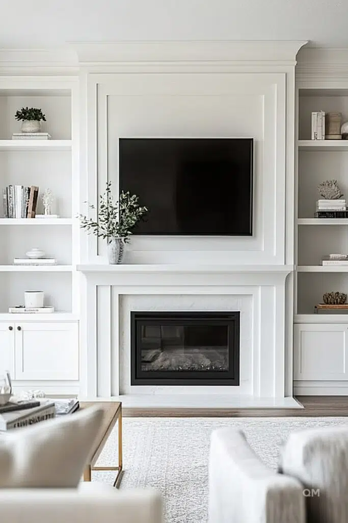 Elegant living room with white built-in shelving, a mounted TV above a fireplace, and subtle decorative items.