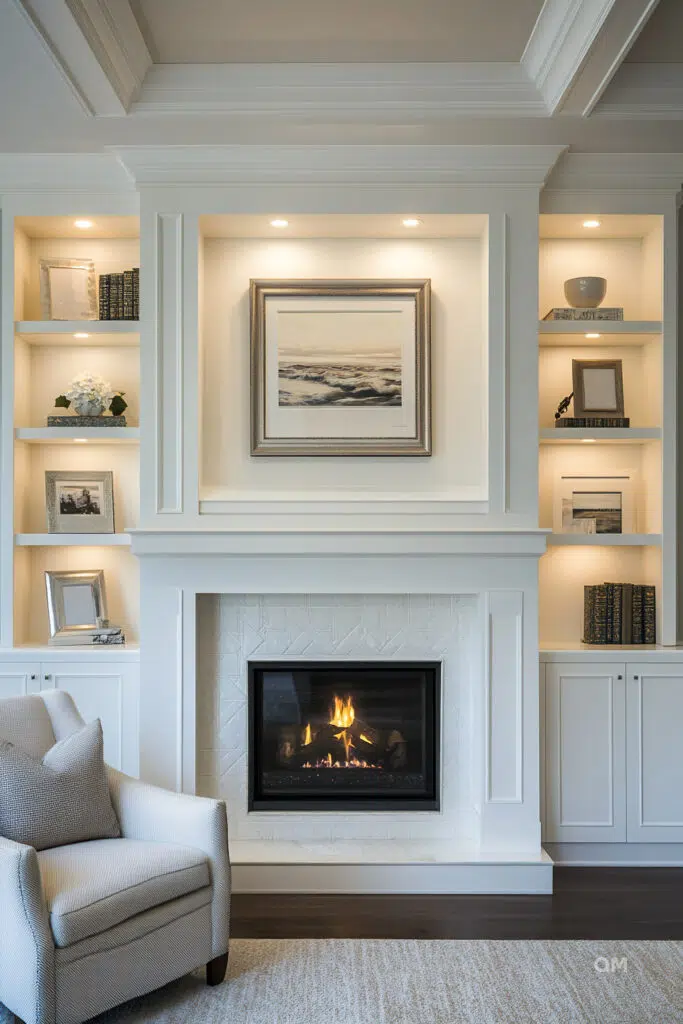 ALT: An elegant living room with built-in shelves around a fireplace, adorned by a framed seascape painting and various decorative items.