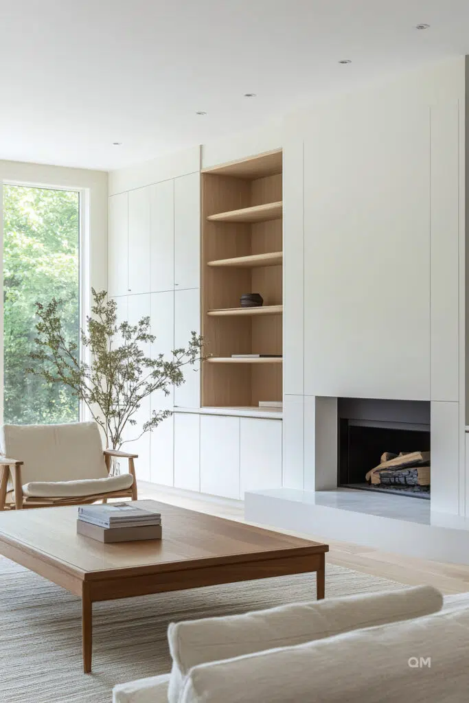 Modern living room interior with built-in fireplace, minimalist furniture, and large window with garden view.