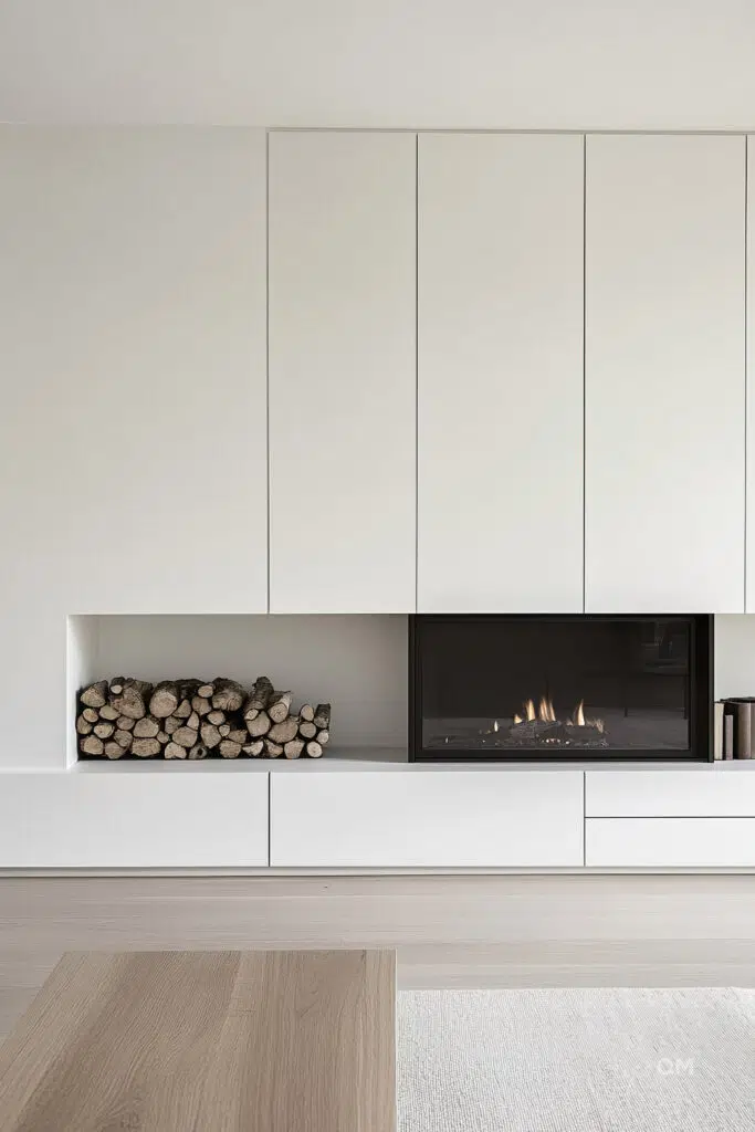 Modern living room detail with built-in fireplace and stacked firewood, minimalist white cabinetry, and wooden floor.
