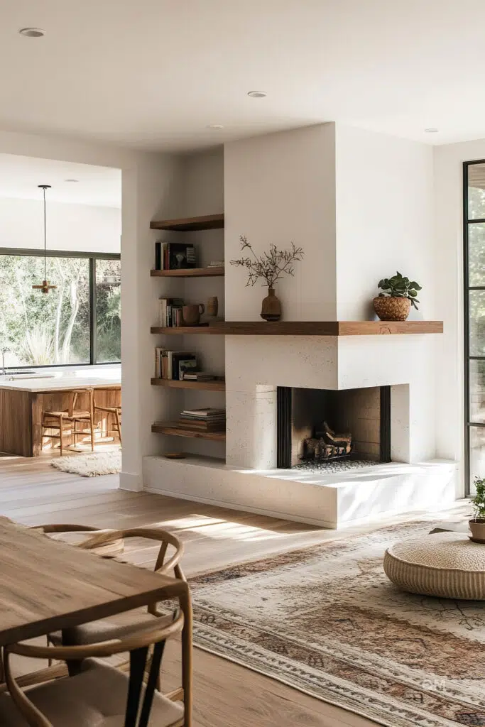 Modern living room with a built-in fireplace, wooden shelves with books, and large windows with a view of nature.