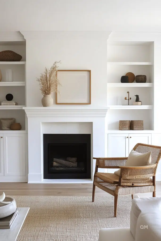 Elegant living room with a white fireplace, built-in shelves decorated with vases and books, and a wicker armchair.
