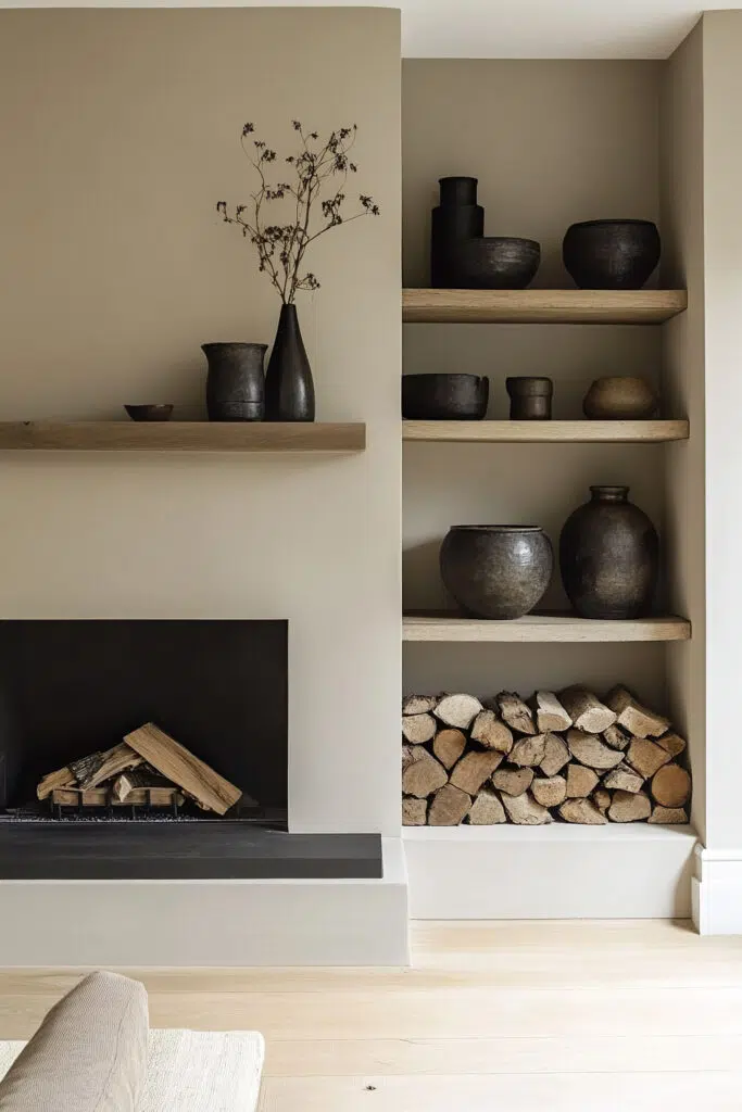 Modern living room corner with fireplace, wooden shelves with dark pottery, and stacked firewood.