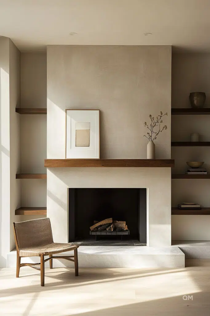 Modern minimalist living room with a large fireplace, single brown woven chair, and decorative shelves with art and vases.
