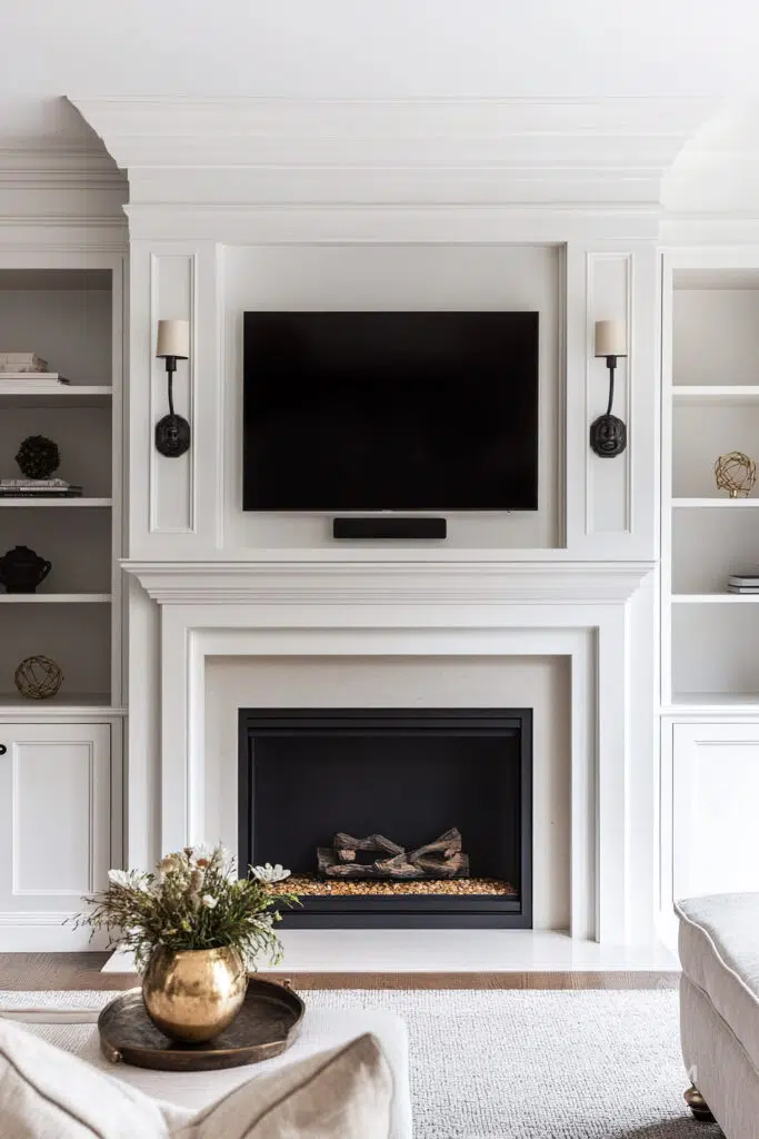 Elegant living room with white built-in cabinetry featuring a fireplace and a television above, flanked by sconces, with a decorative vase on a tray.