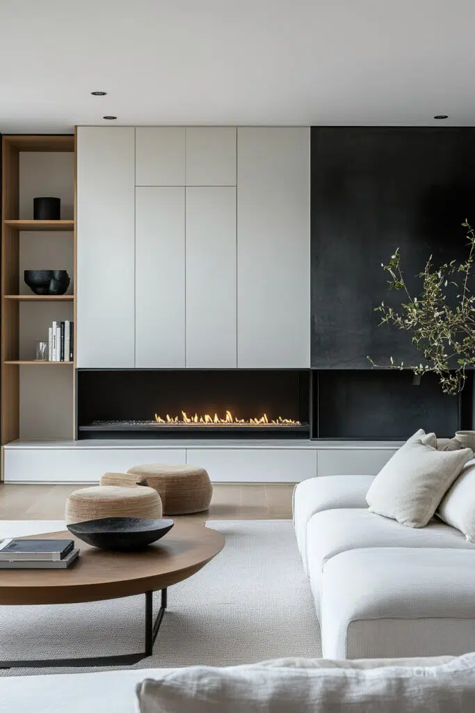 Modern living room with a minimalist design, featuring a long fireplace, a beige sofa, round wood tables, and neutral decor.