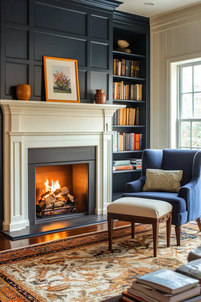 Cozy reading nook with a lit fireplace, blue armchair, built-in bookshelves, and decorative elements in a stylish, well-lit room.