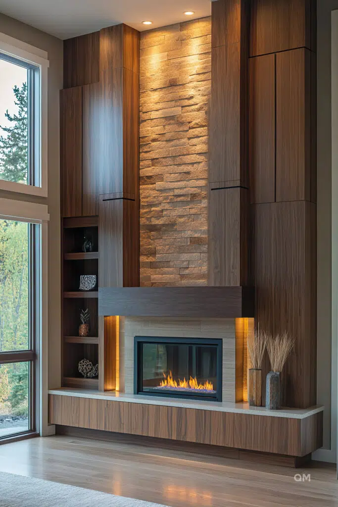 Modern living room with a sleek fireplace, stone wall detailing, wooden shelves, and decorative items with natural light from a window.