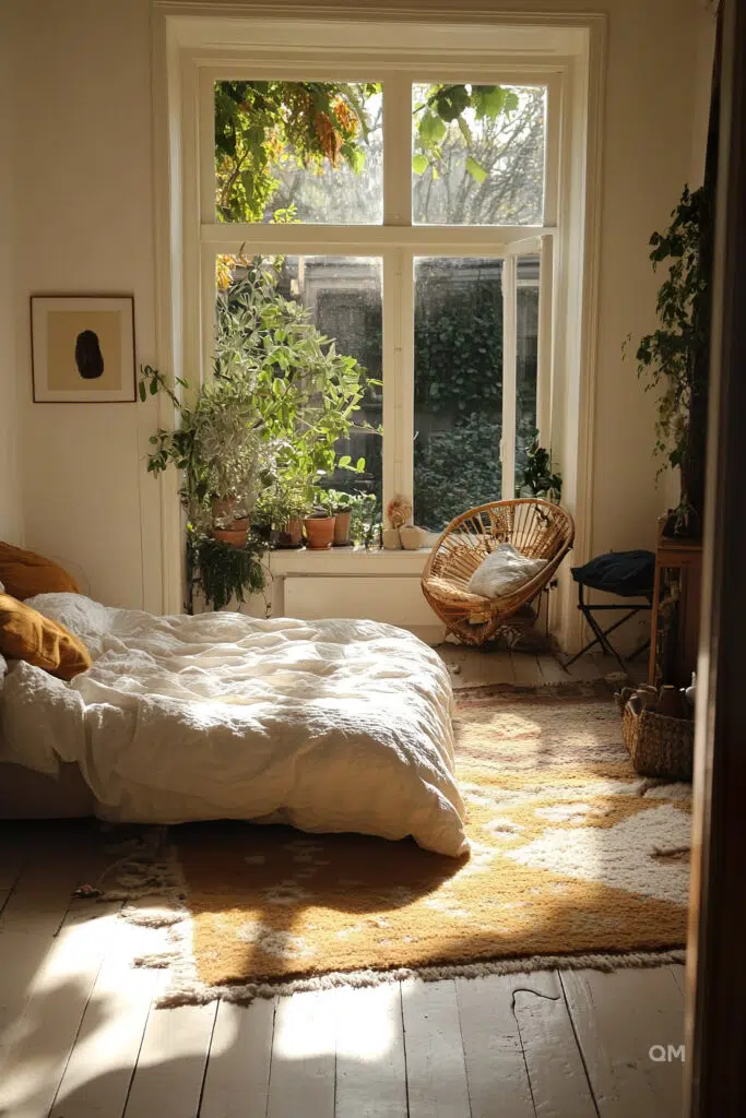 A cozy bedroom with sunlight streaming through the window, illuminating a white bed, wicker chair, and plants.