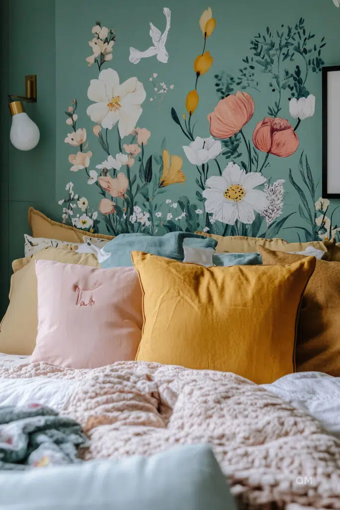 Cozy bedroom with a floral wallpaper, colorful pillows on the bed, and a hanging light bulb.