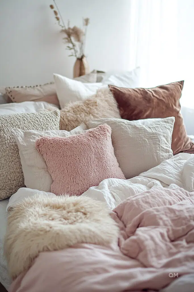 A cozy bedroom corner with an assortment of plush pillows in soft pink and neutral tones on a rumpled bed with a vase of dried flowers in the background.