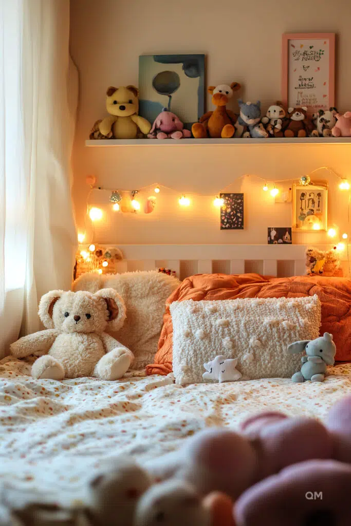 Cozy bedroom with fairy lights, plush toys on bed and shelf, warm tones, and decorative pillows.