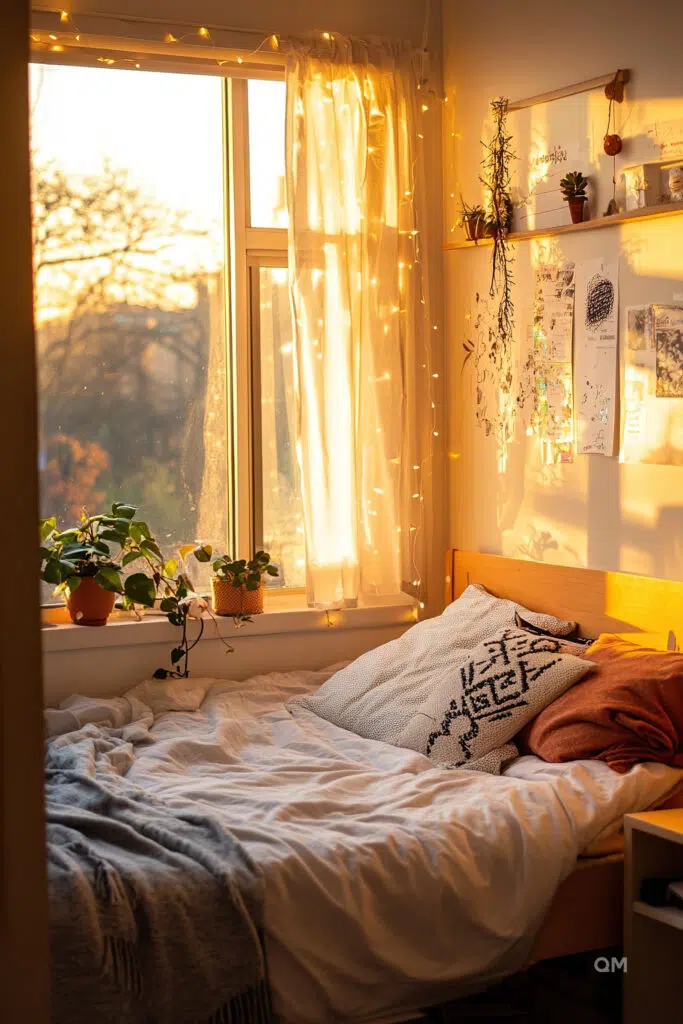 Cozy bedroom corner with warm sunset light filtering through window, fairy lights, plants, and a neatly made bed.