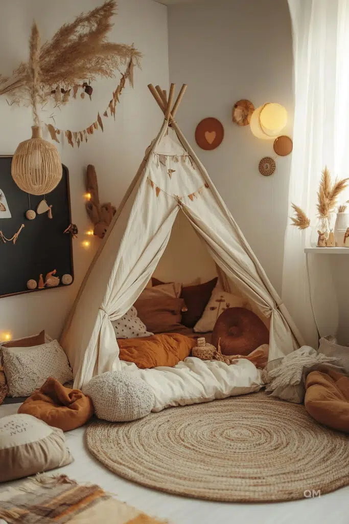 Cozy children's room with a teepee, decorative pillows, round rug, and soft lighting with natural tones and textures.