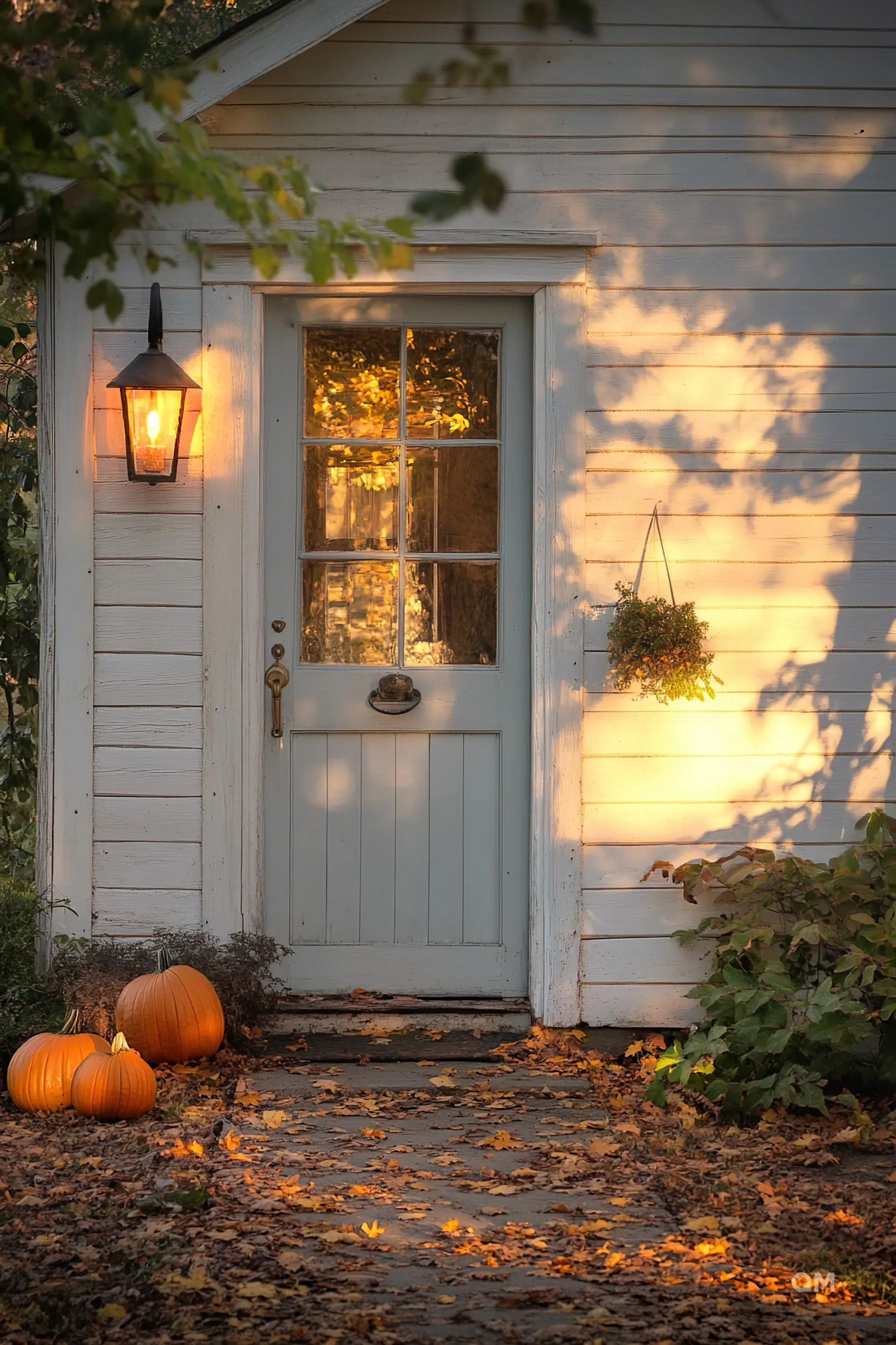 A cozy autumn scene with a white door, lantern, hanging plant, and pumpkins surrounded by fallen leaves at golden hour.