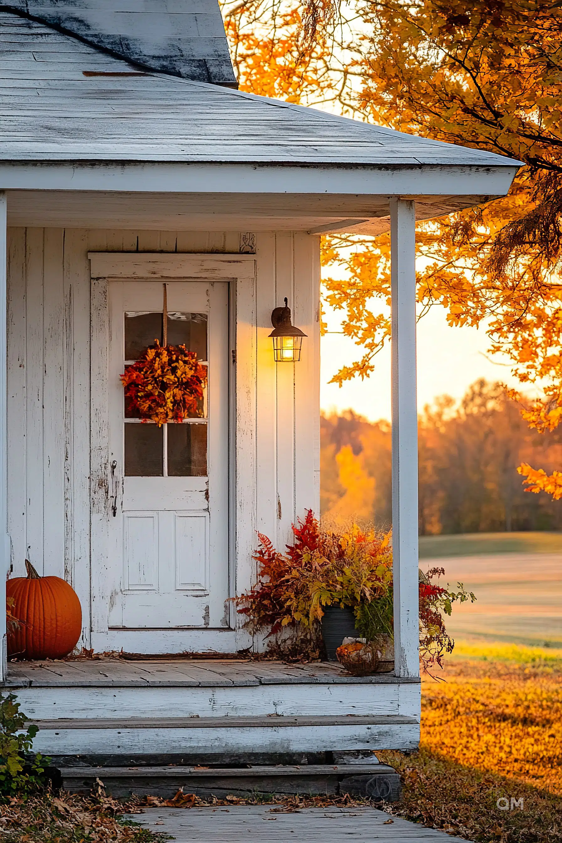 ALT: A cozy white porch with autumn decorations, a pumpkin, a lantern, and colorful fall foliage in the background during sunset.