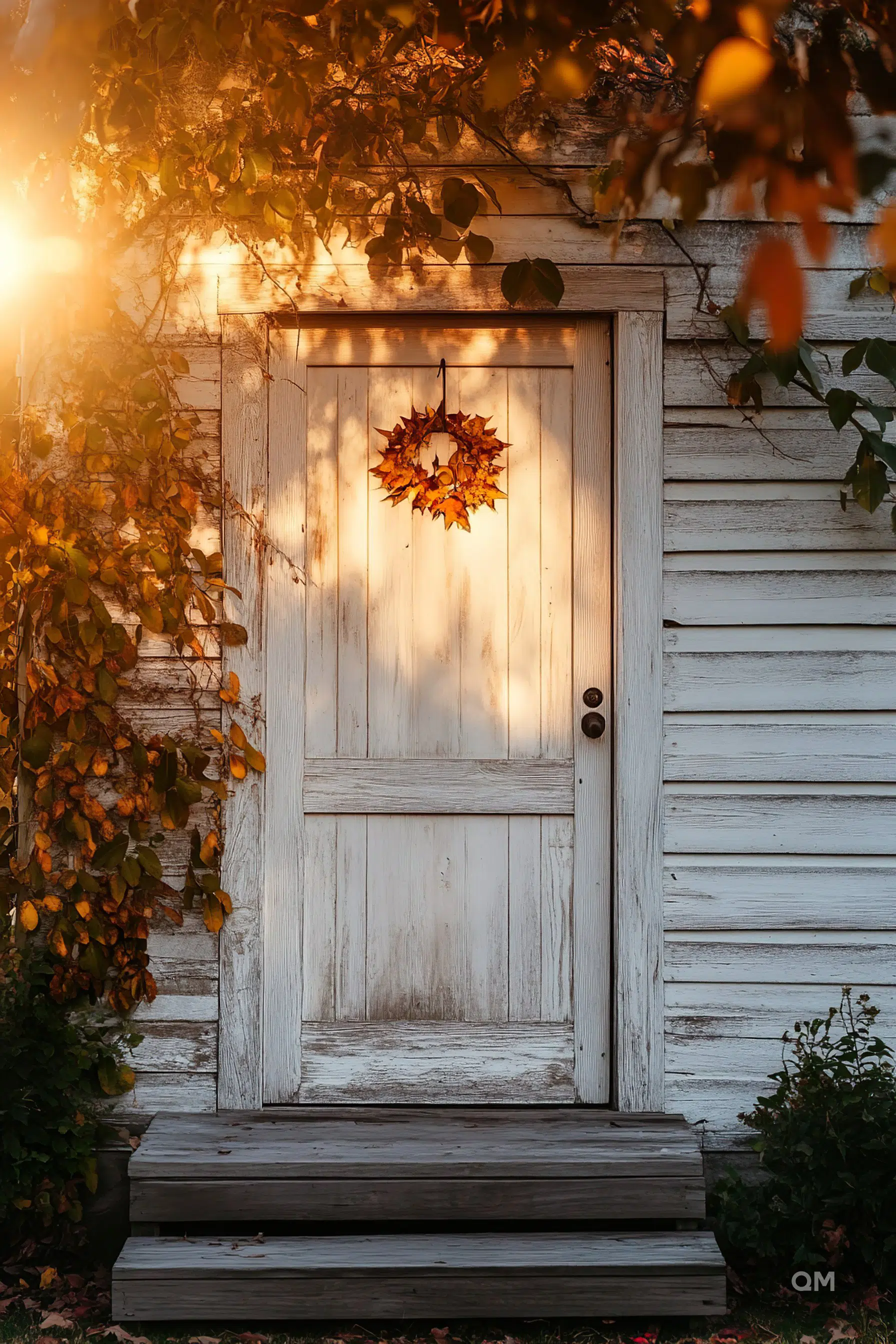 A rustic white door with a leaf wreath, flanked by autumn leaves and bathed in the warm glow of sunset.