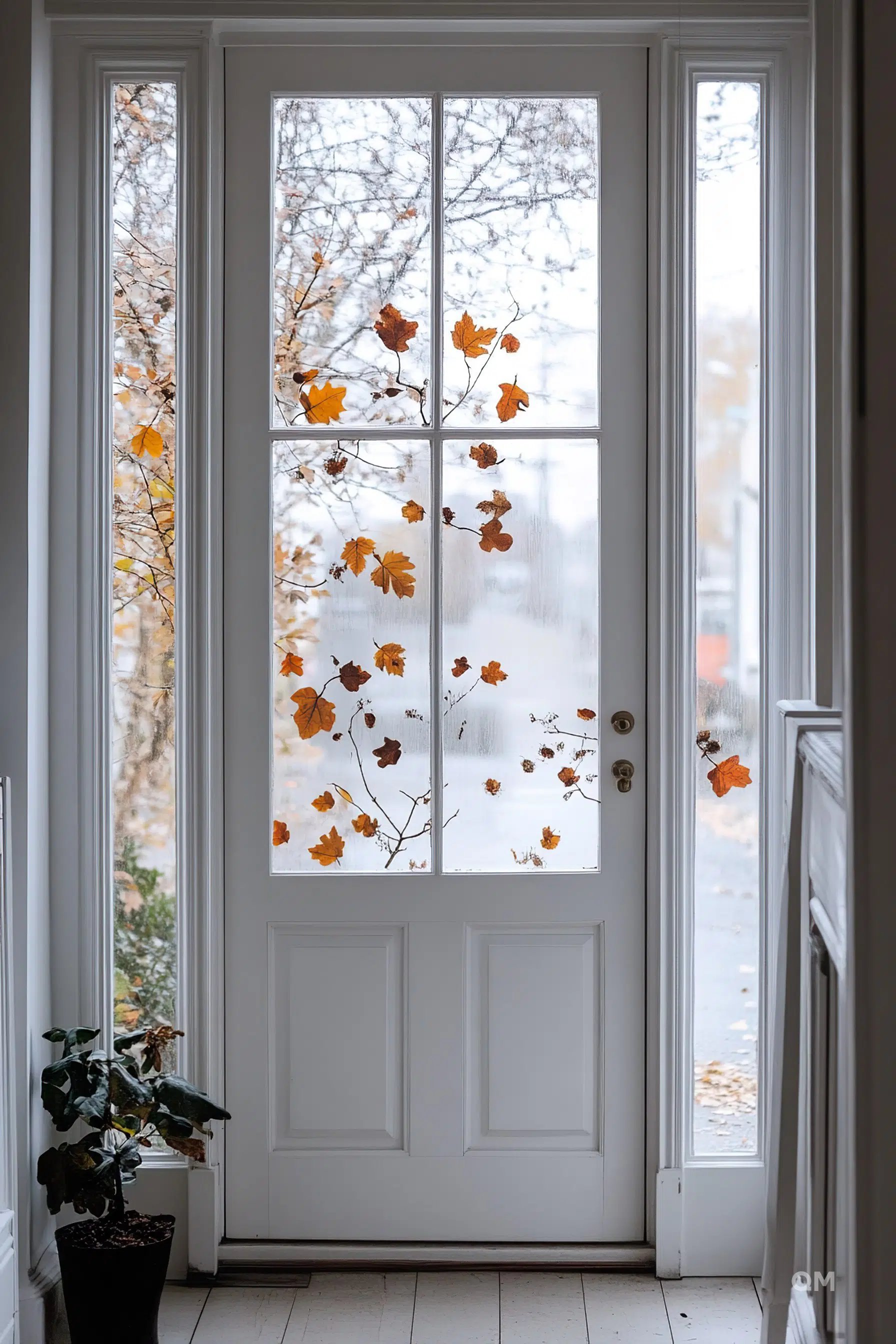A white door with a glass pane showing autumn leaves clinging to bare branches, viewed from a cozy interior room.