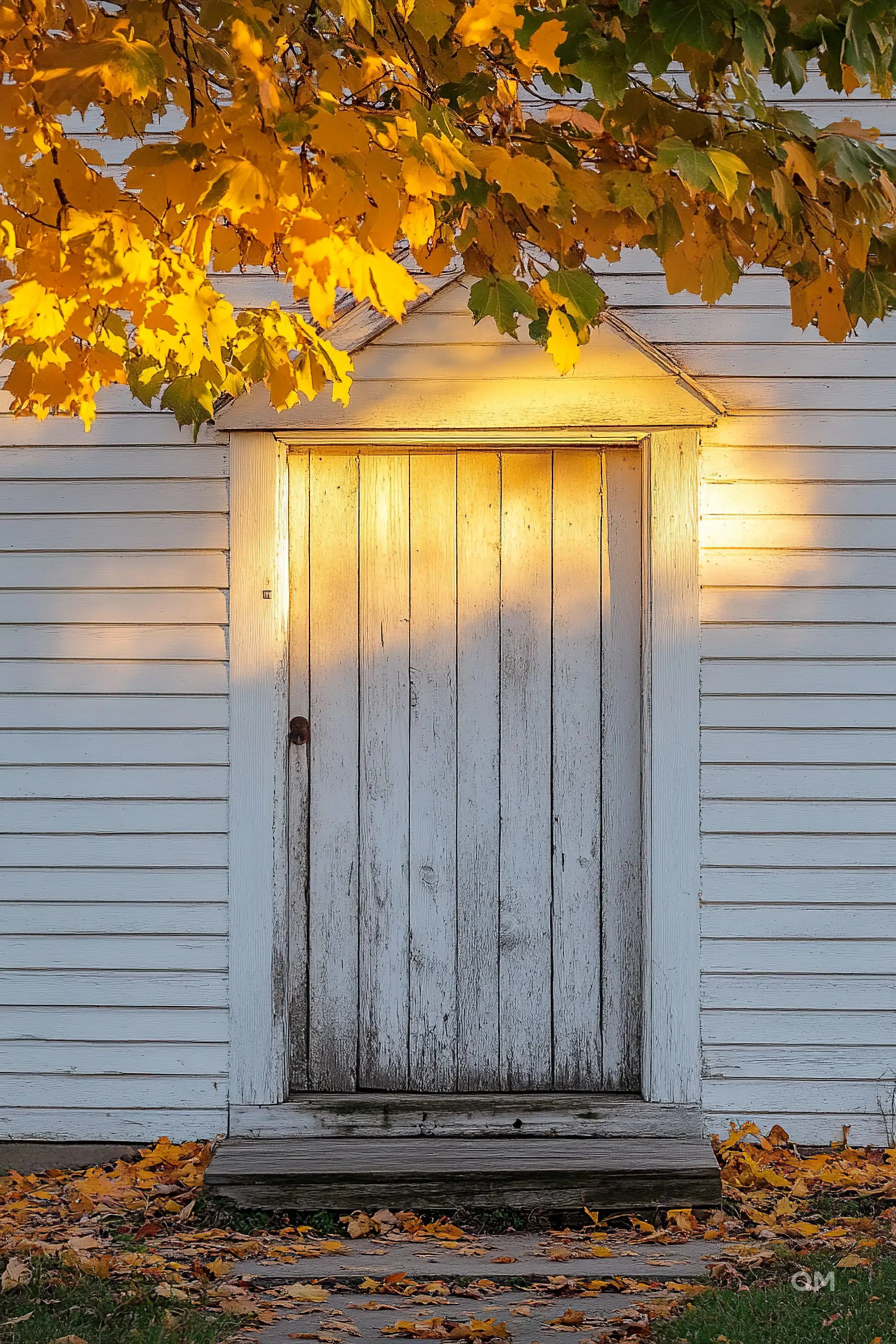 Old white wooden door on a building with autumn leaves in the foreground and warm sunlight casting shadows.