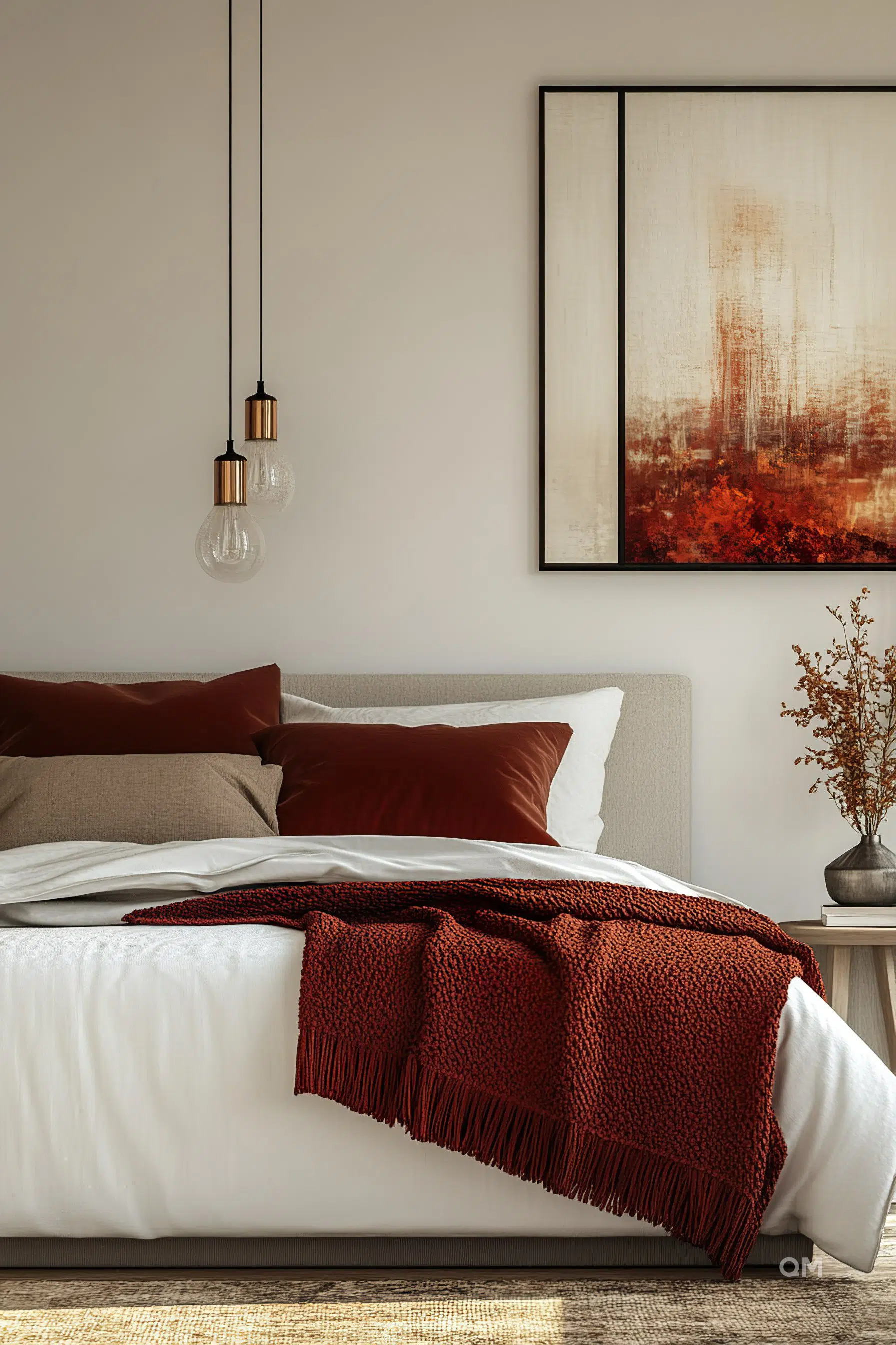 Modern bedroom with a white bed, brown and red pillows, red knitted throw blanket, pendant lights, and abstract art on the wall.