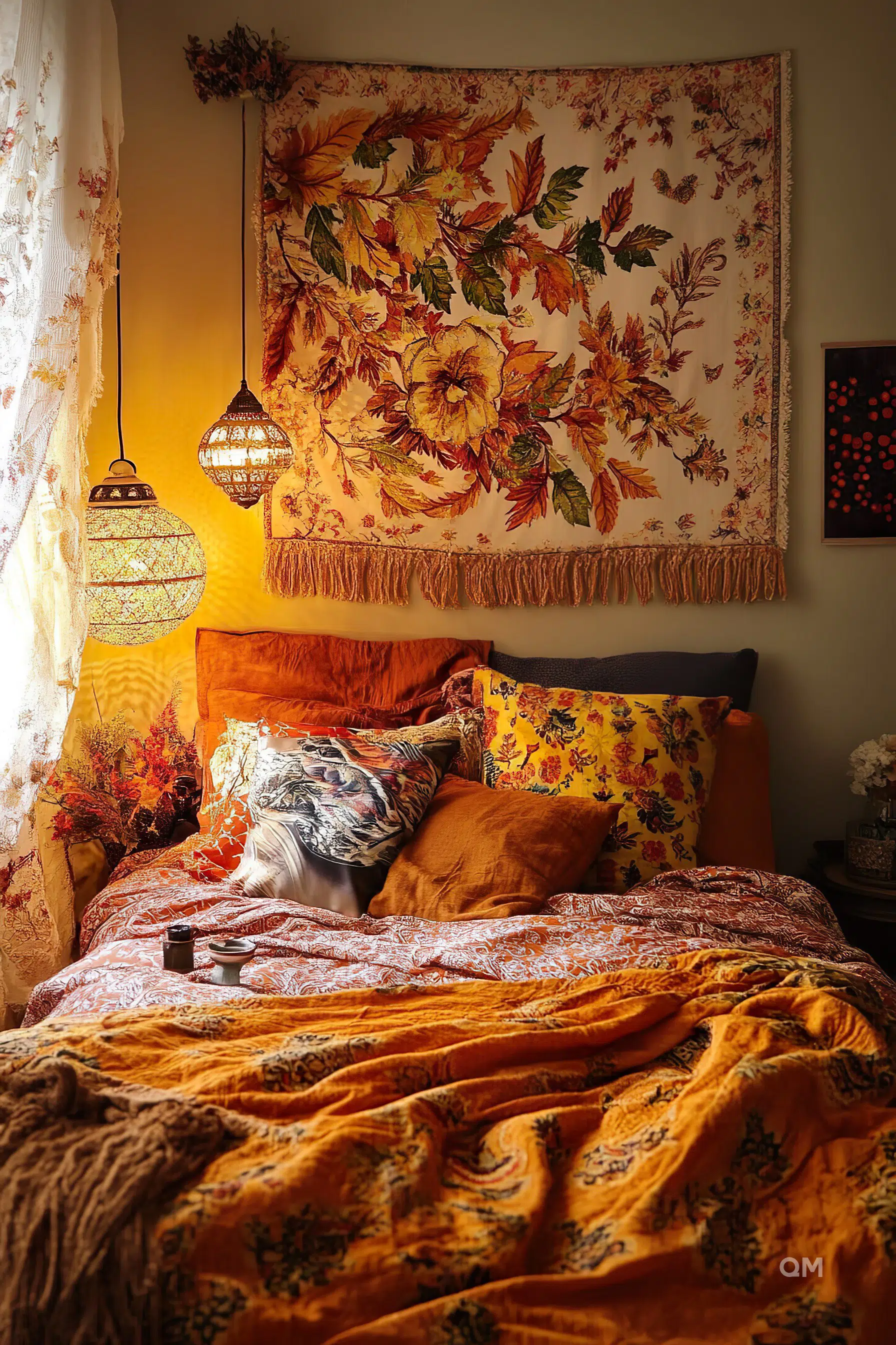 A cozy bedroom with warm lighting, ornate lanterns, and a bed adorned with vibrant orange and floral-patterned textiles.