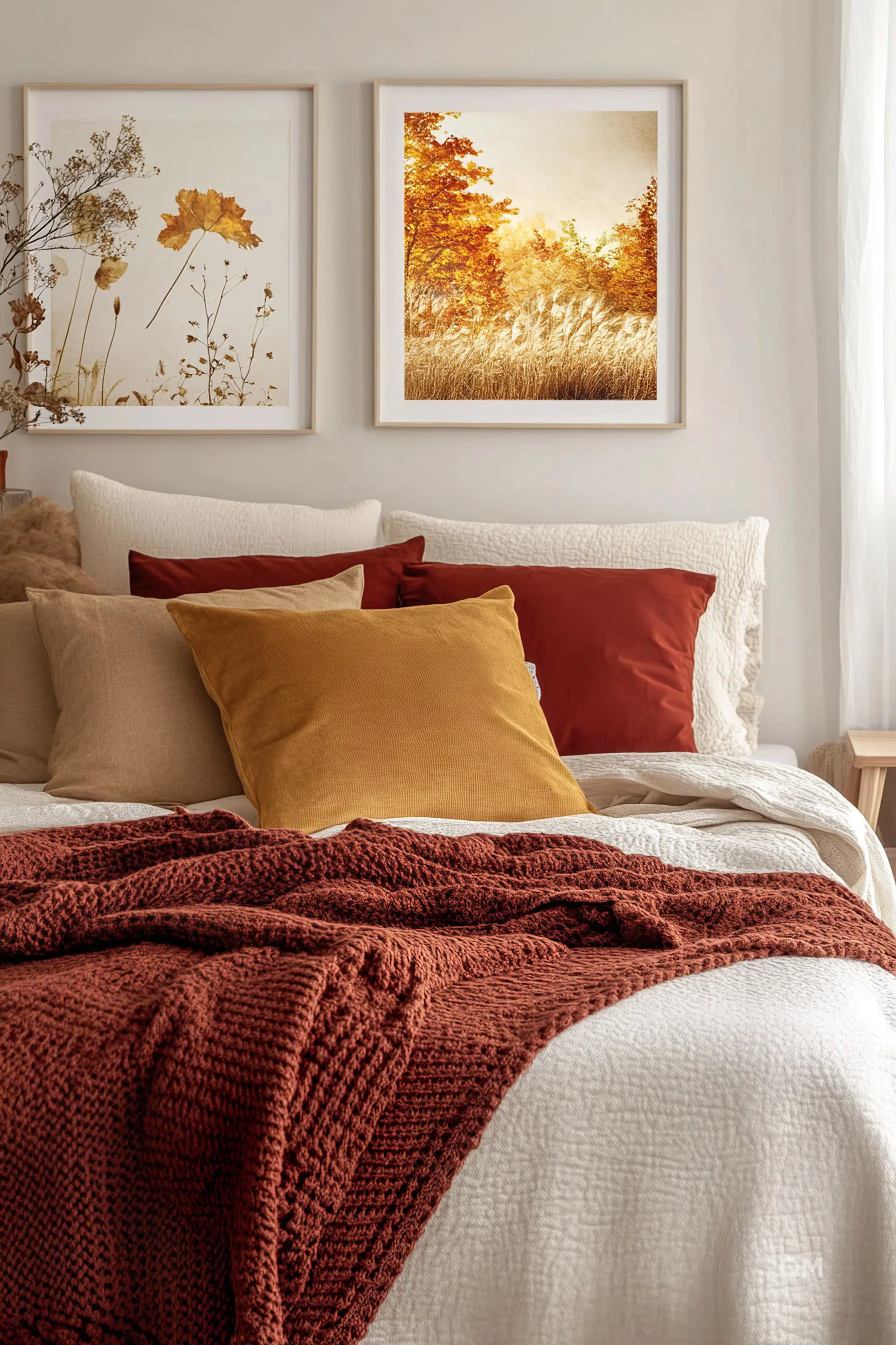 A cozy bedroom with autumn-colored pillows, a textured rust throw blanket, and framed fall landscape artwork.