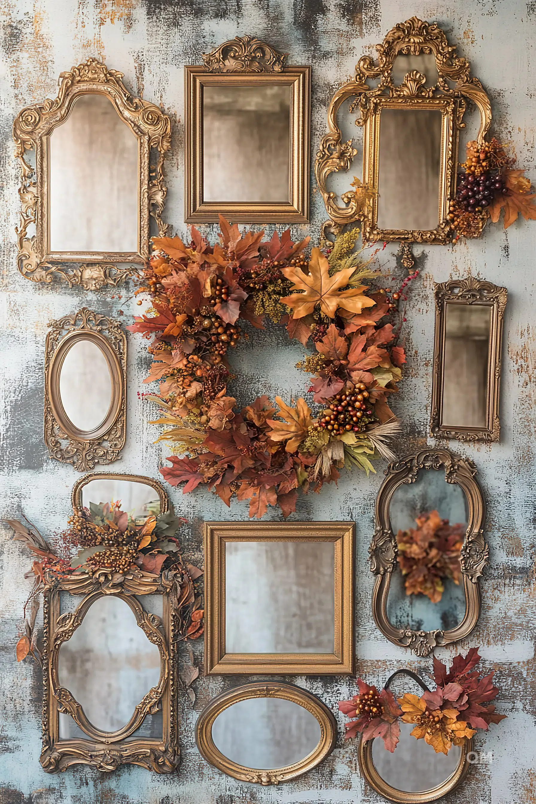 Vintage-style mirrors on a distressed wall, interspersed with autumn leaf wreaths.