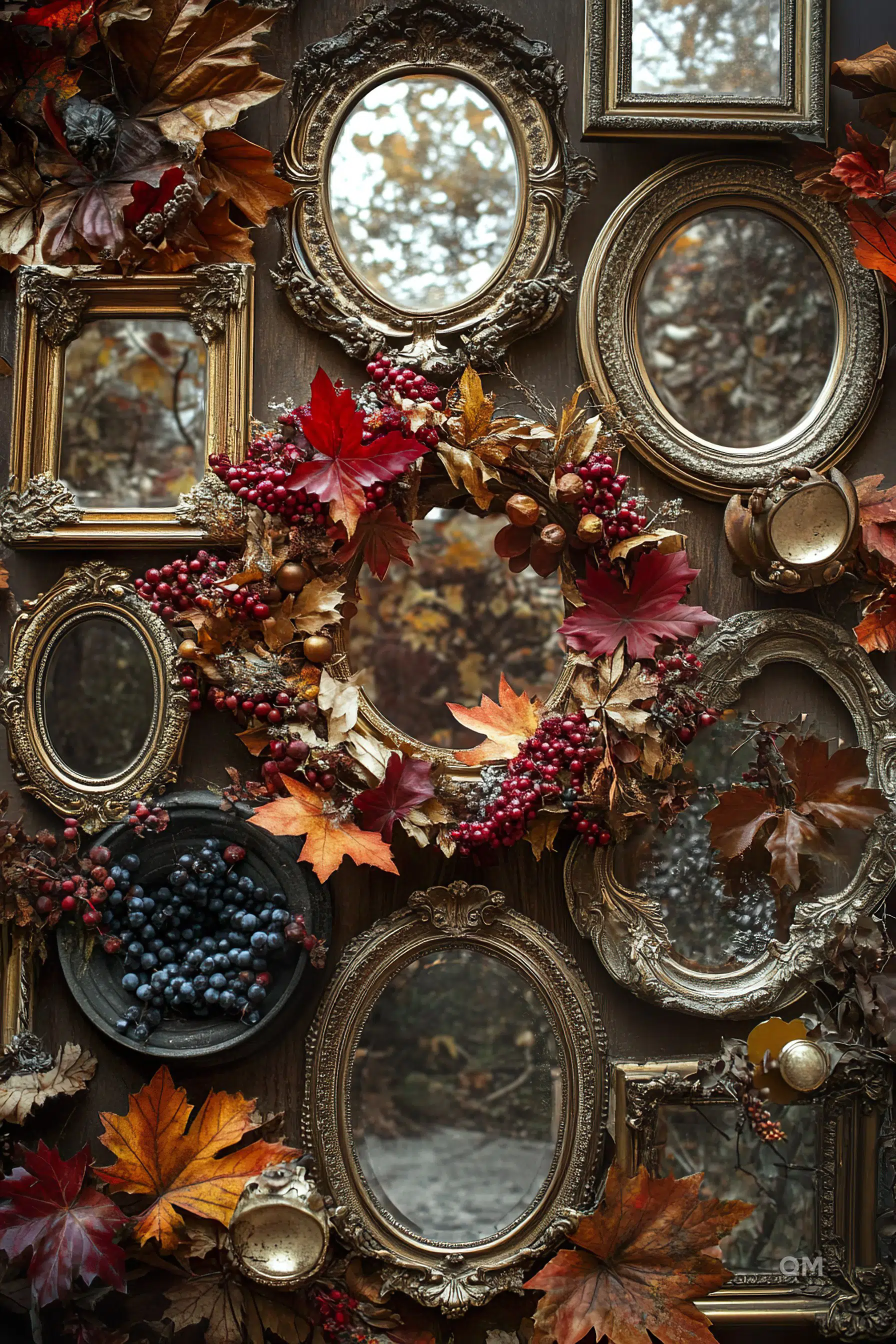 A wall adorned with an assortment of ornate, vintage mirrors framed by lush autumnal leaves, berries, and acorns.
