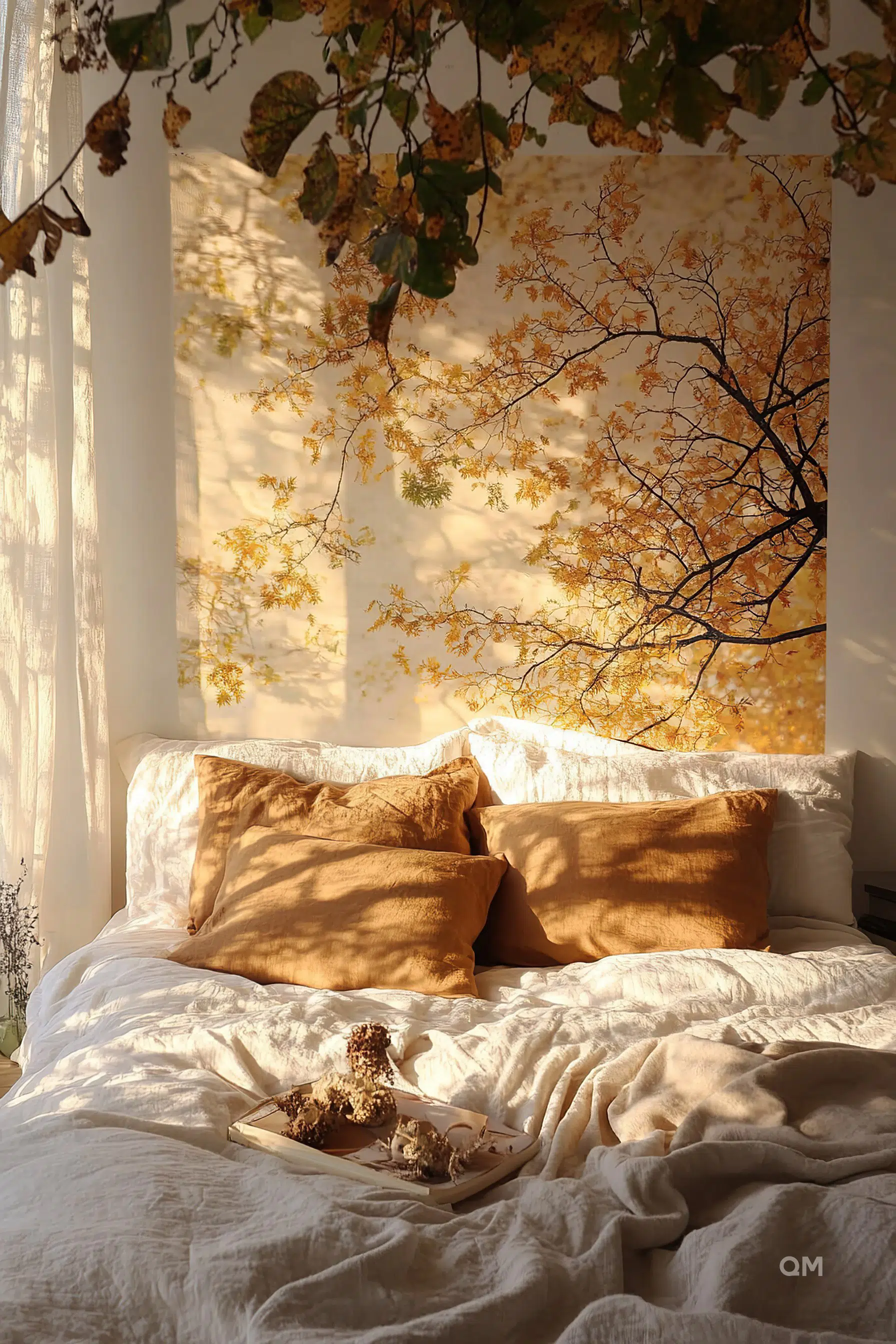Cozy bedroom with white bedding, amber pillows, tray with dried flowers, and autumn tree branches overhead, with warm sunlight.