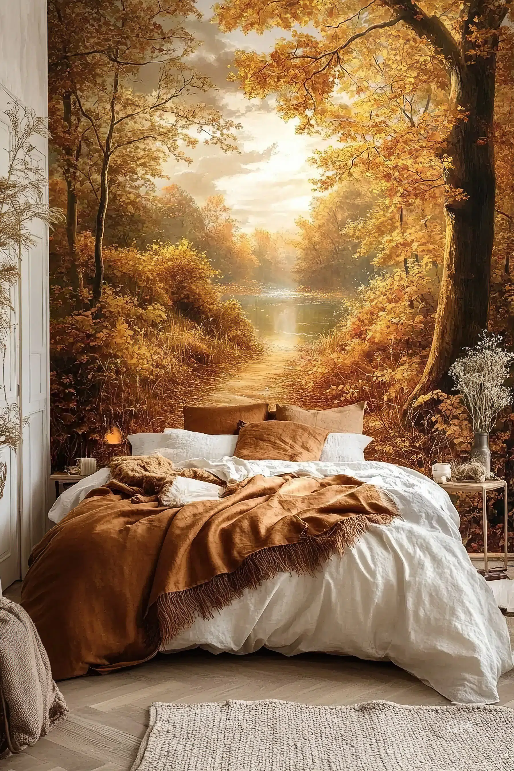 Cozy bedroom with an autumn forest wall mural, bed with white linen and ochre blankets, and a small bedside table with plants.