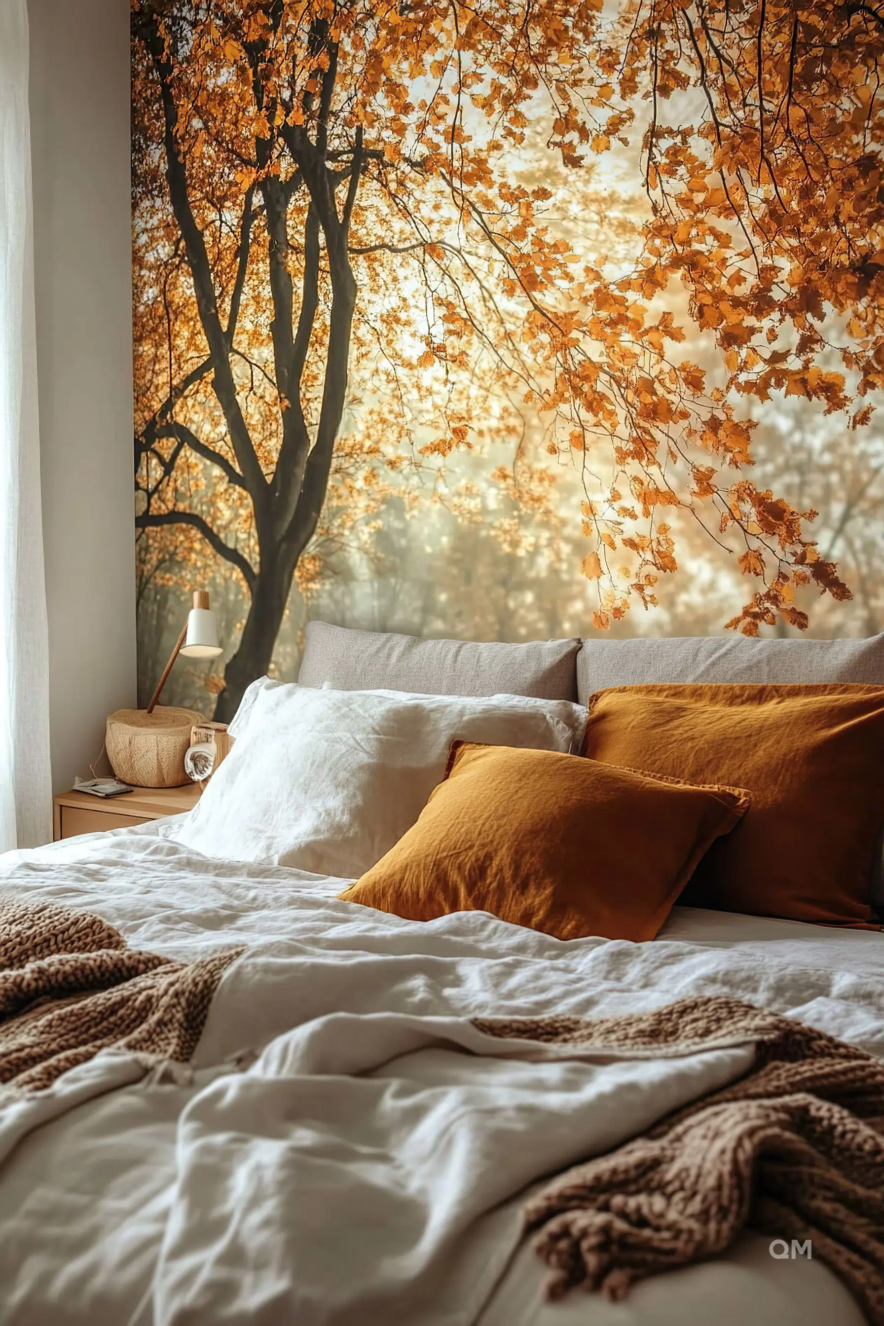 Cozy bedroom interior with a view of autumn trees through the window, warm-toned bedding, and a knitted blanket.