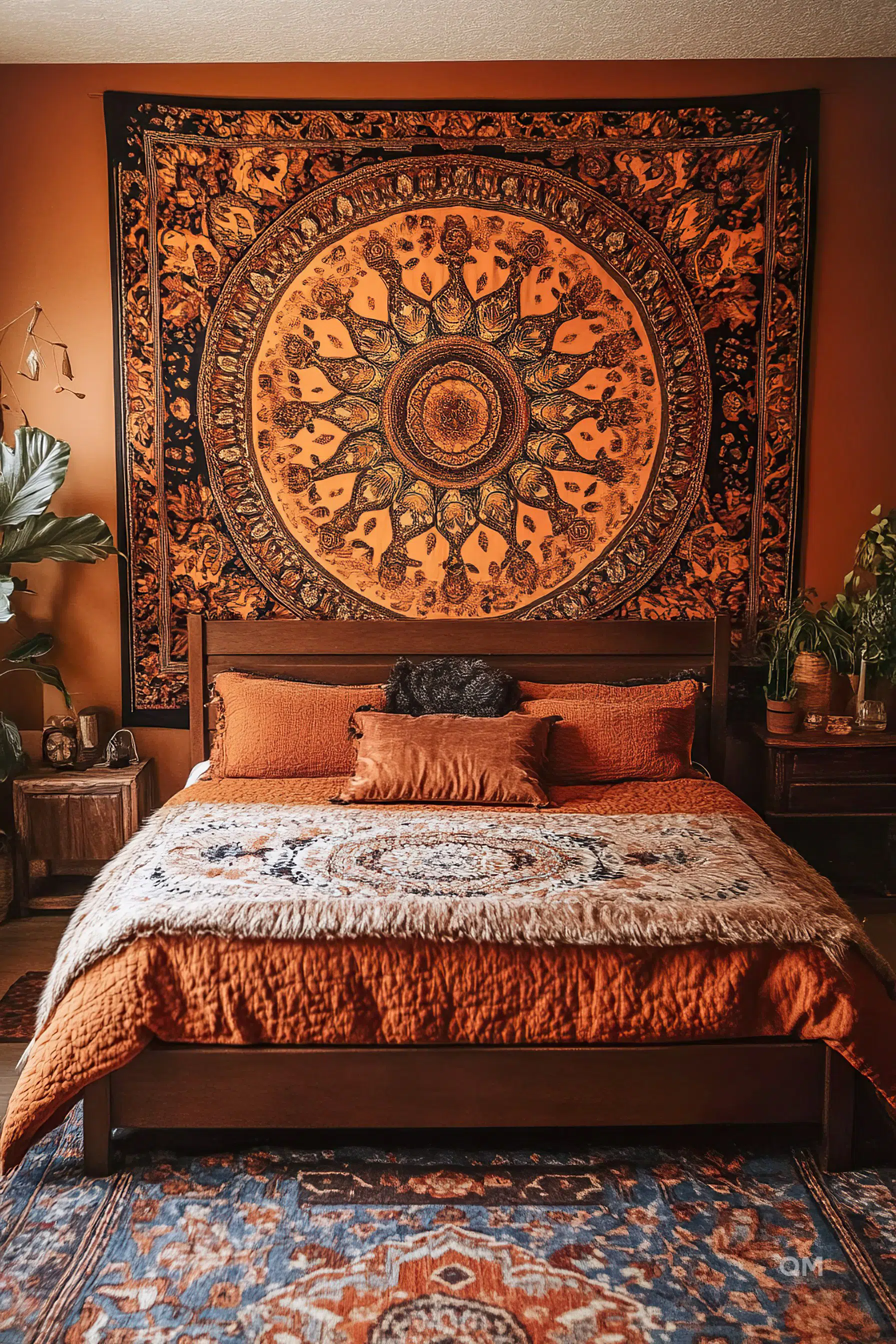 A cozy bedroom with an ornate mandala tapestry hanging above the bed, matching rustic orange bedding, and a blue patterned rug.