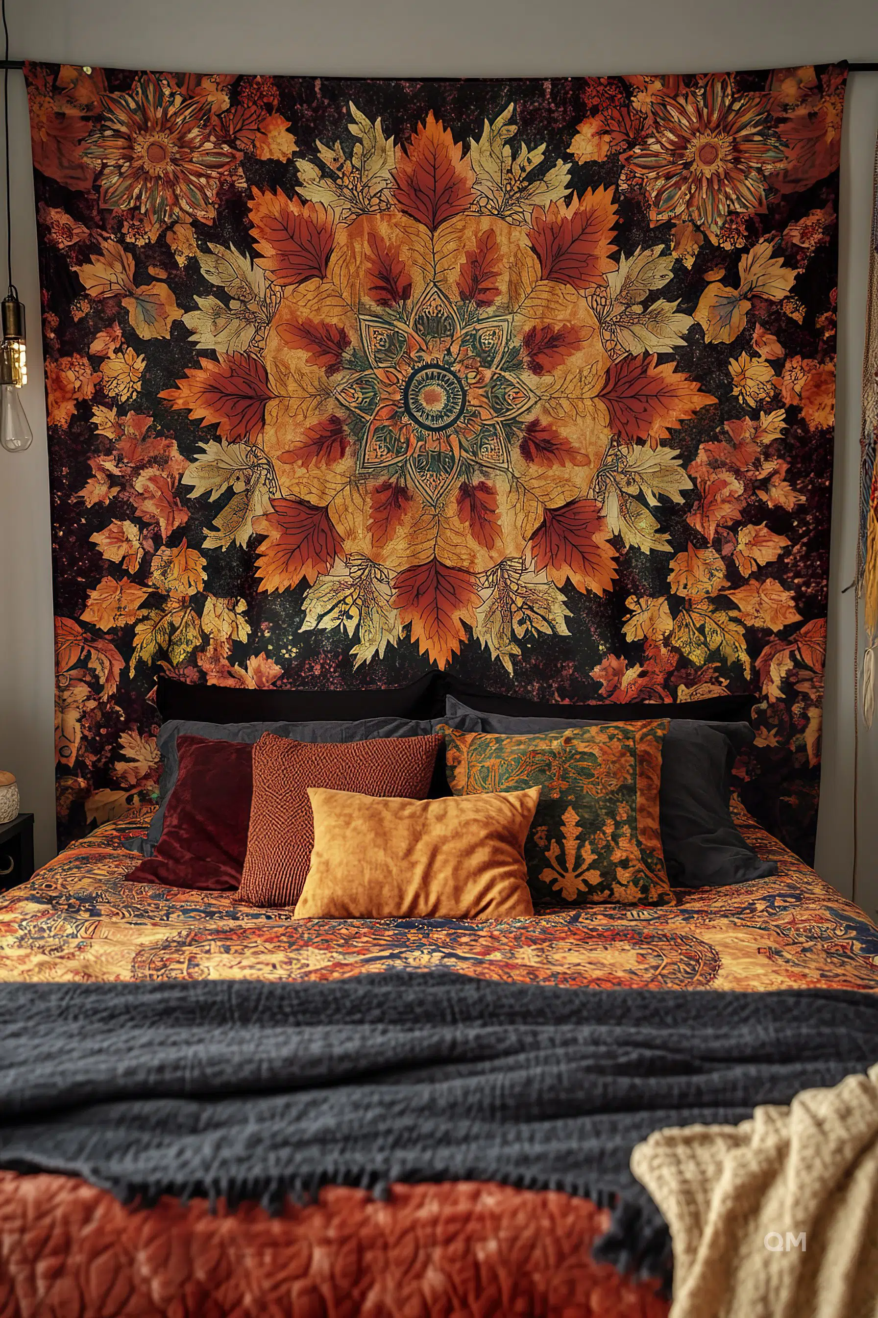 A cozy bedroom with an autumn-themed tapestry as a backdrop, colorful patterned bedding, and assorted pillows.