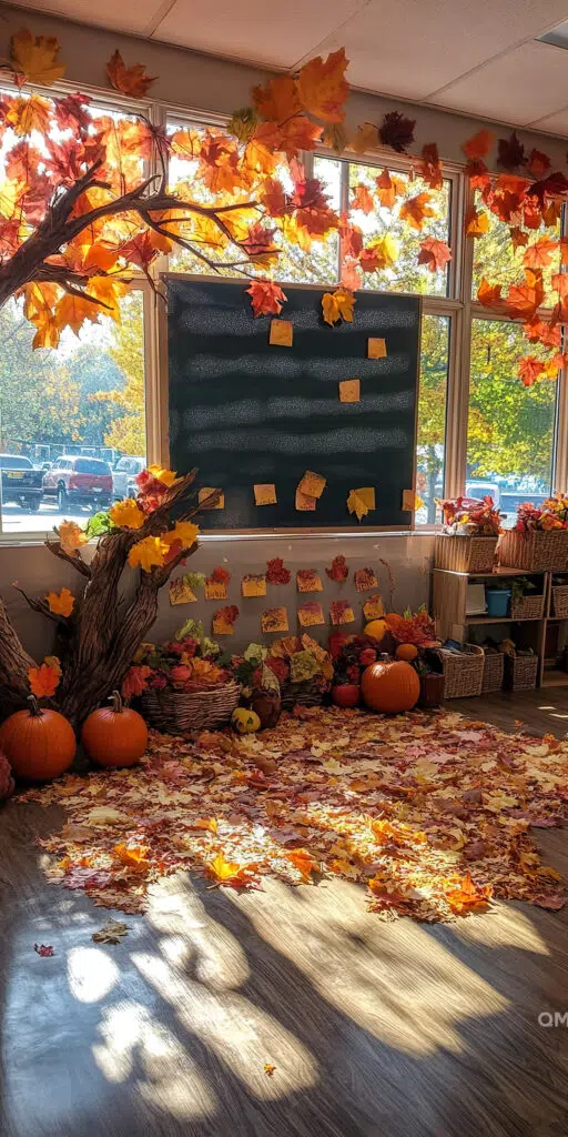 Classroom decorated with autumn leaves, pumpkins, and a chalkboard, with sunlight filtering through the windows.