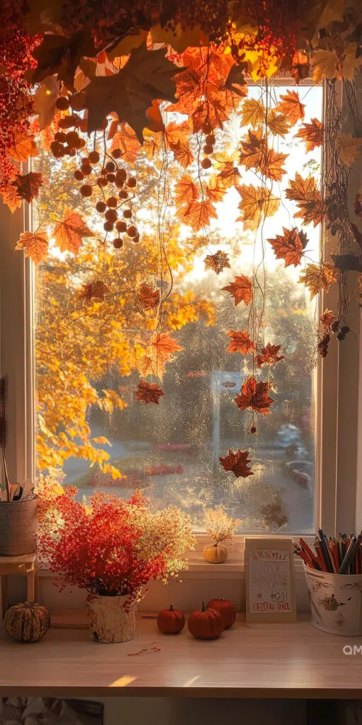 ALT: Cozy autumnal scene with colorful leaves hanging in front of a window, a vibrant bouquet on a desk, and small pumpkins in warm sunlight.