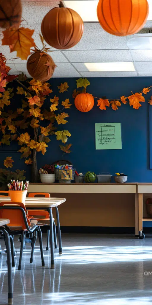 Classroom decorated with autumn leaves and paper pumpkins, with desks, chairs, and school supplies in the background.