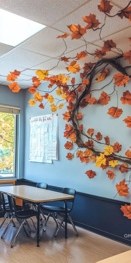 ALT: Autumn-themed classroom decoration with orange leaves and branches on the blue wall, a chart on the wall, and desks with chairs.
