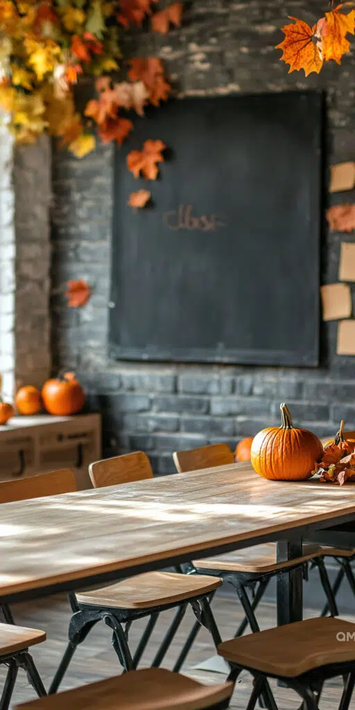 A cozy autumn-themed cafe interior with wooden tables, pumpkins, and foliage decorations, with "close" written on a blackboard.