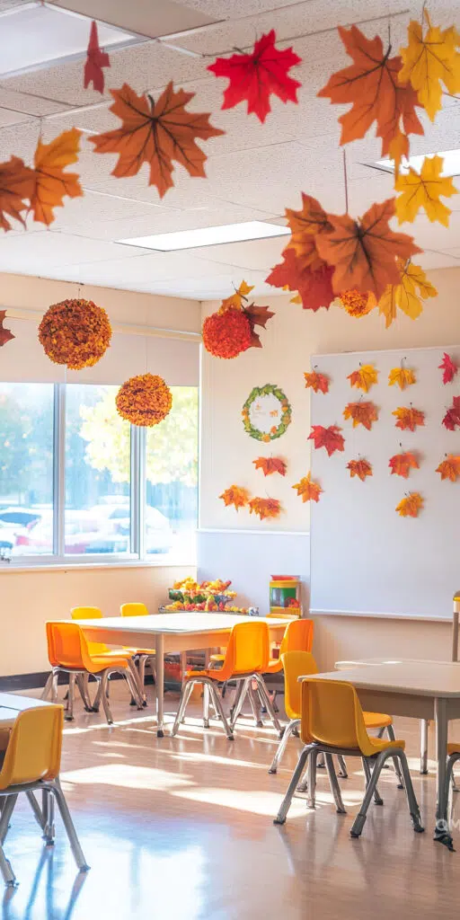 Bright classroom decorated with autumn leaves and orange pom-poms hanging from the ceiling, with yellow chairs and natural light.