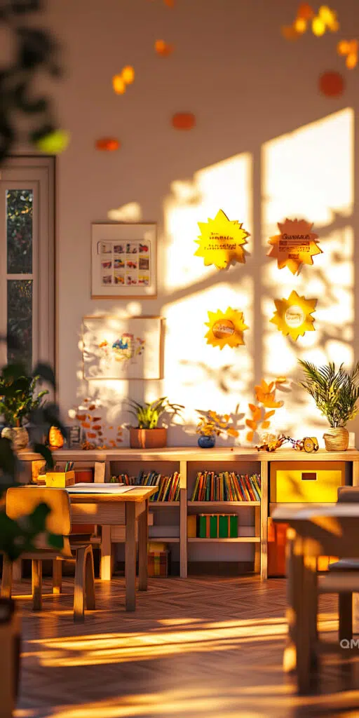 Warm sunlight filters through a classroom window, casting shadows and illuminating autumn leaves and children's drawings on the walls.