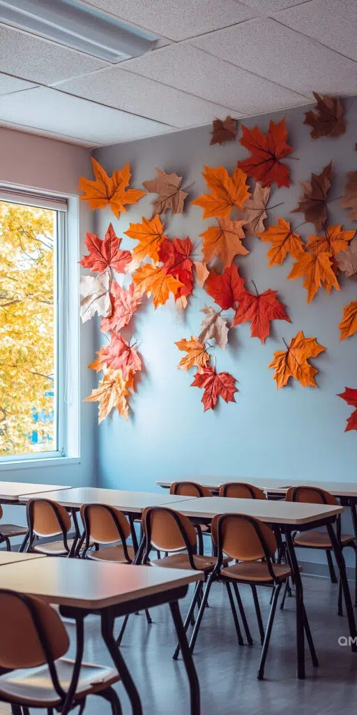 Classroom with colorful autumn leaves decoration on the wall and empty desks with chairs, near a window showing trees outside.