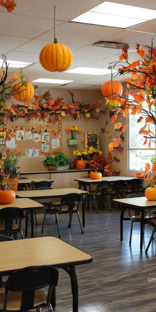 Classroom decorated with autumn leaves and pumpkins, suggesting a festive, seasonal theme.