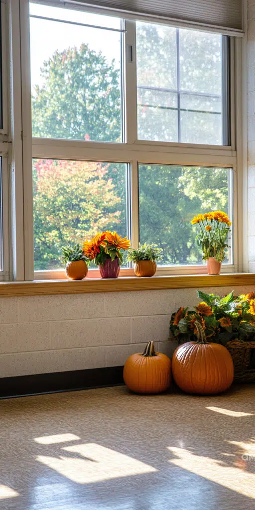 "Sunlit room with a window view of trees, displaying potted fall flowers on the sill and pumpkins on the floor."