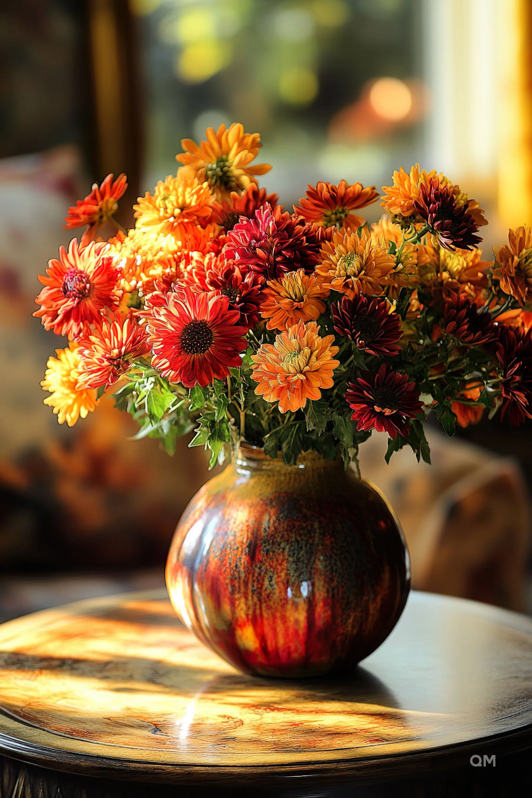 Vibrant bouquet of red and orange flowers in a textured vase on a sunlit wooden table.