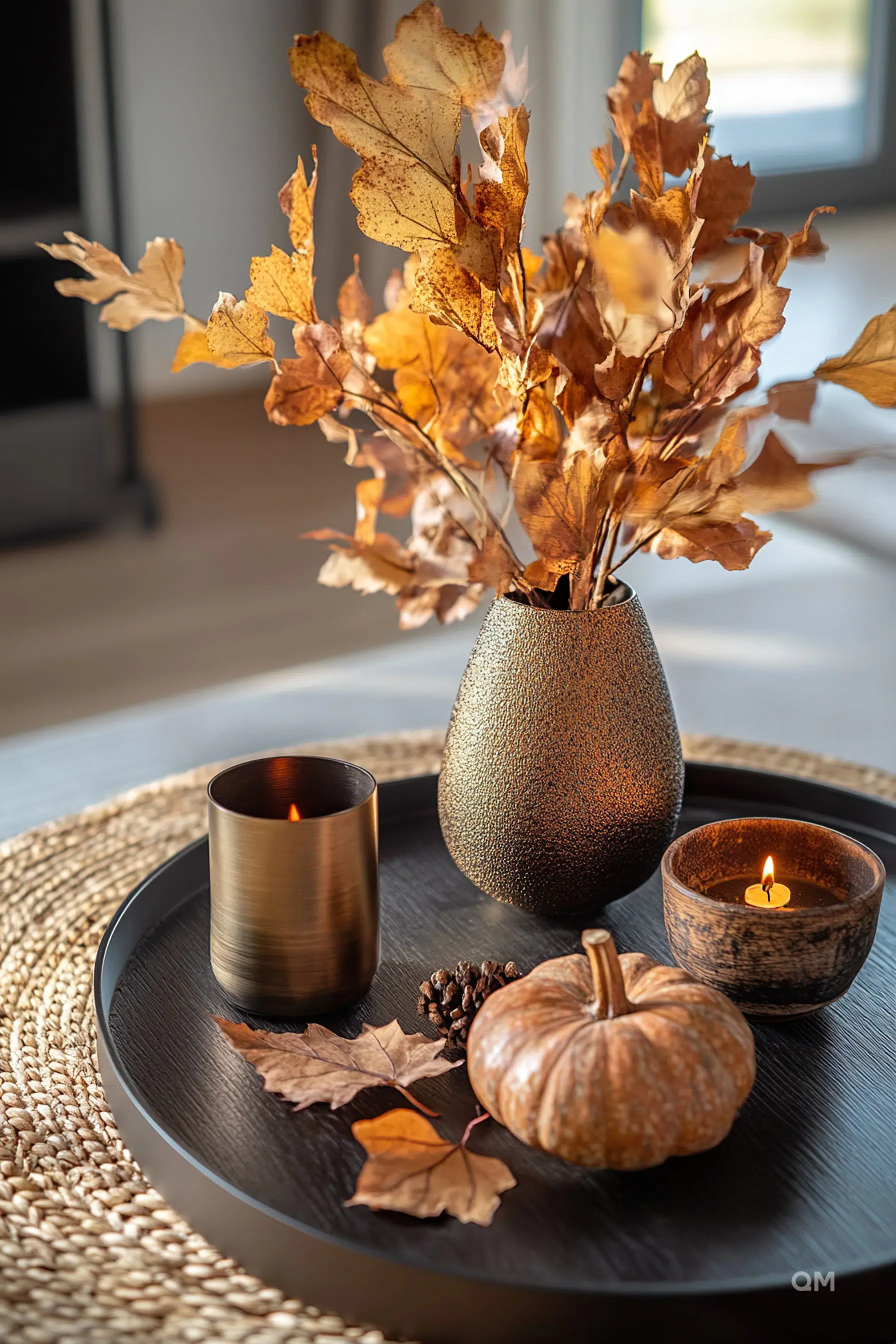 A cozy autumnal centerpiece with dried leaves in a vase, a lit candle, a metallic cup, and a small pumpkin on a dark tray.