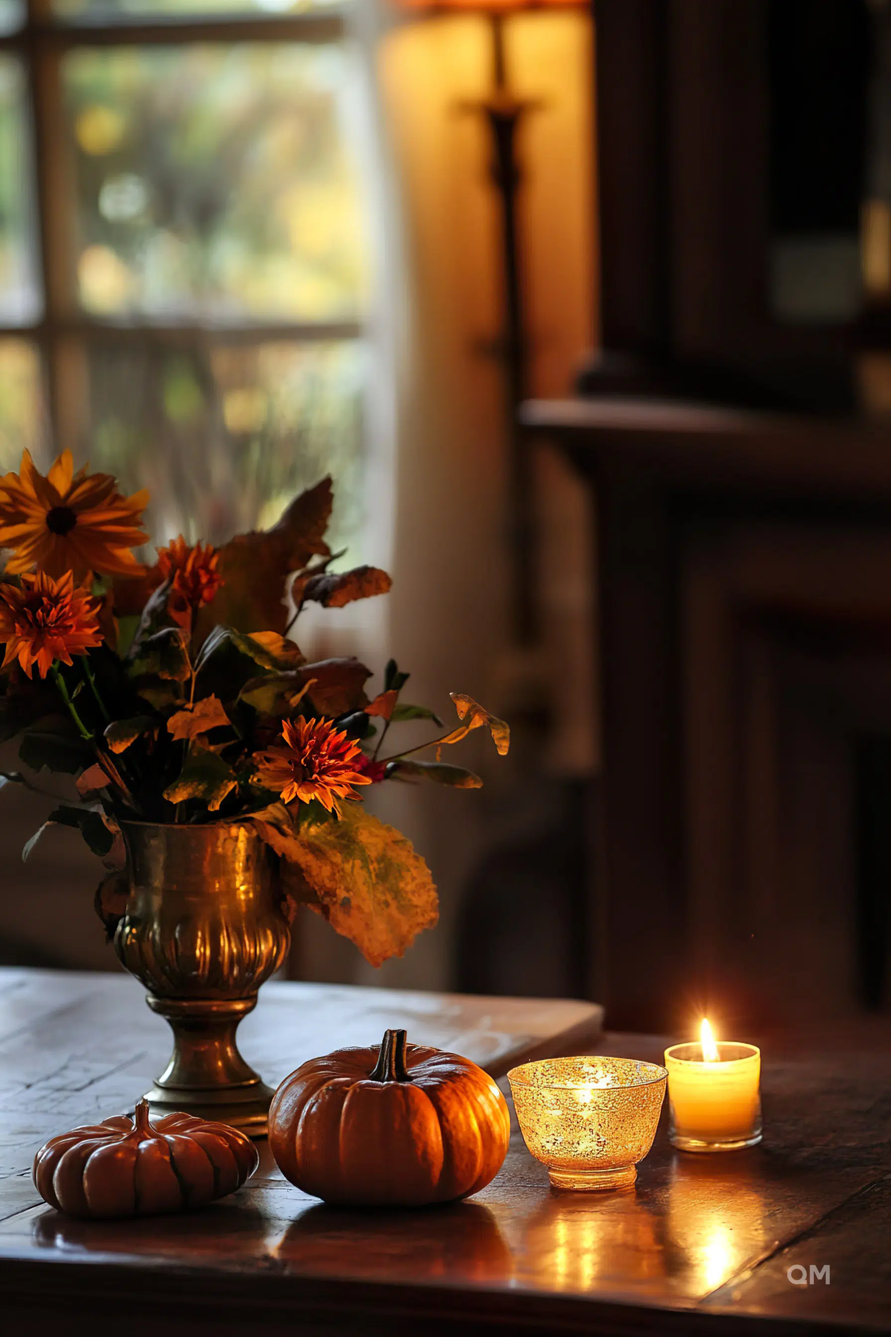 A warm autumnal setting with a bouquet of orange flowers and leaves in a brass vase, pumpkins, and lit candles on a wooden table.