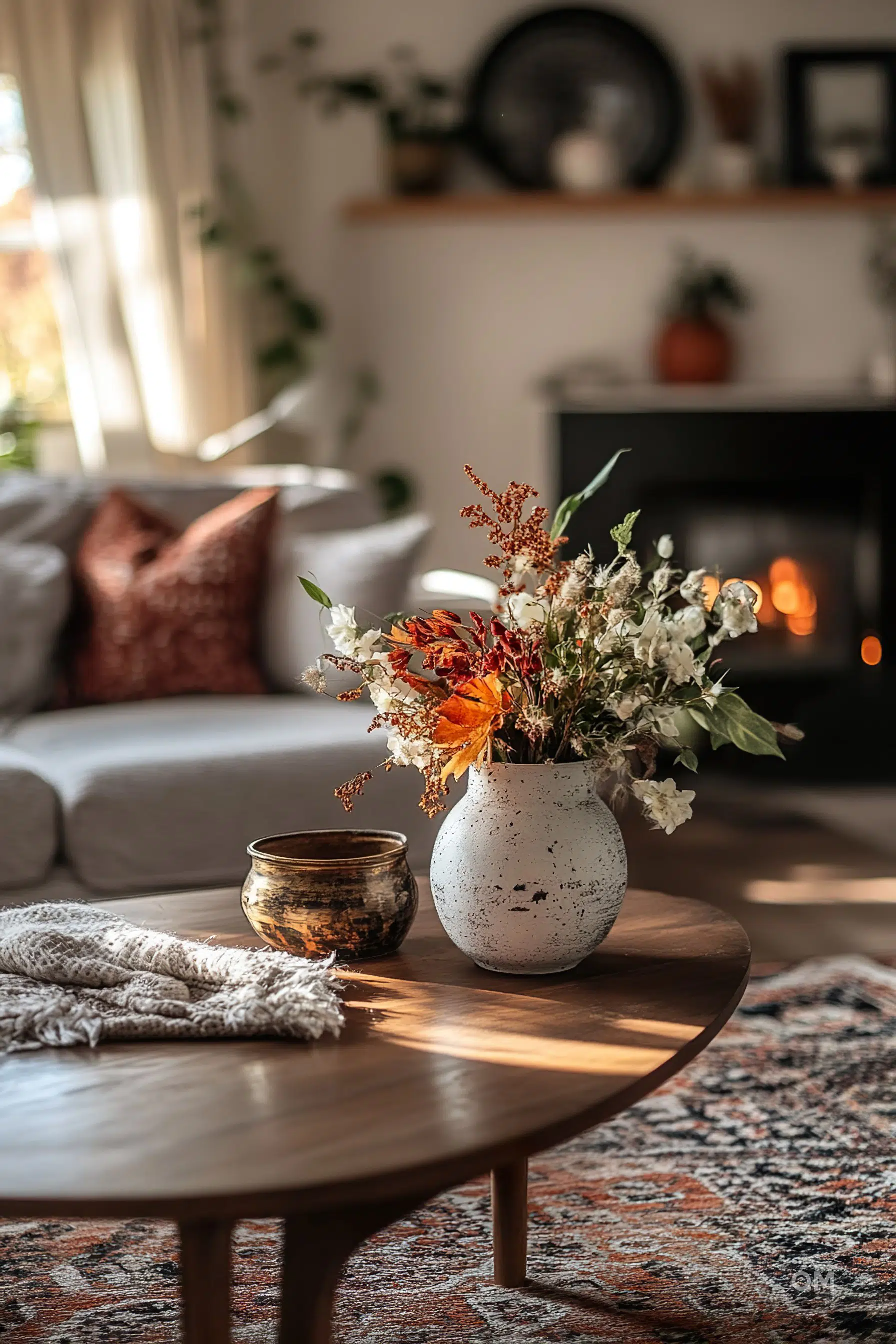 Cozy living room with a bouquet of dried flowers on a wooden coffee table, soft sunlight, and a warm fireplace in the background.