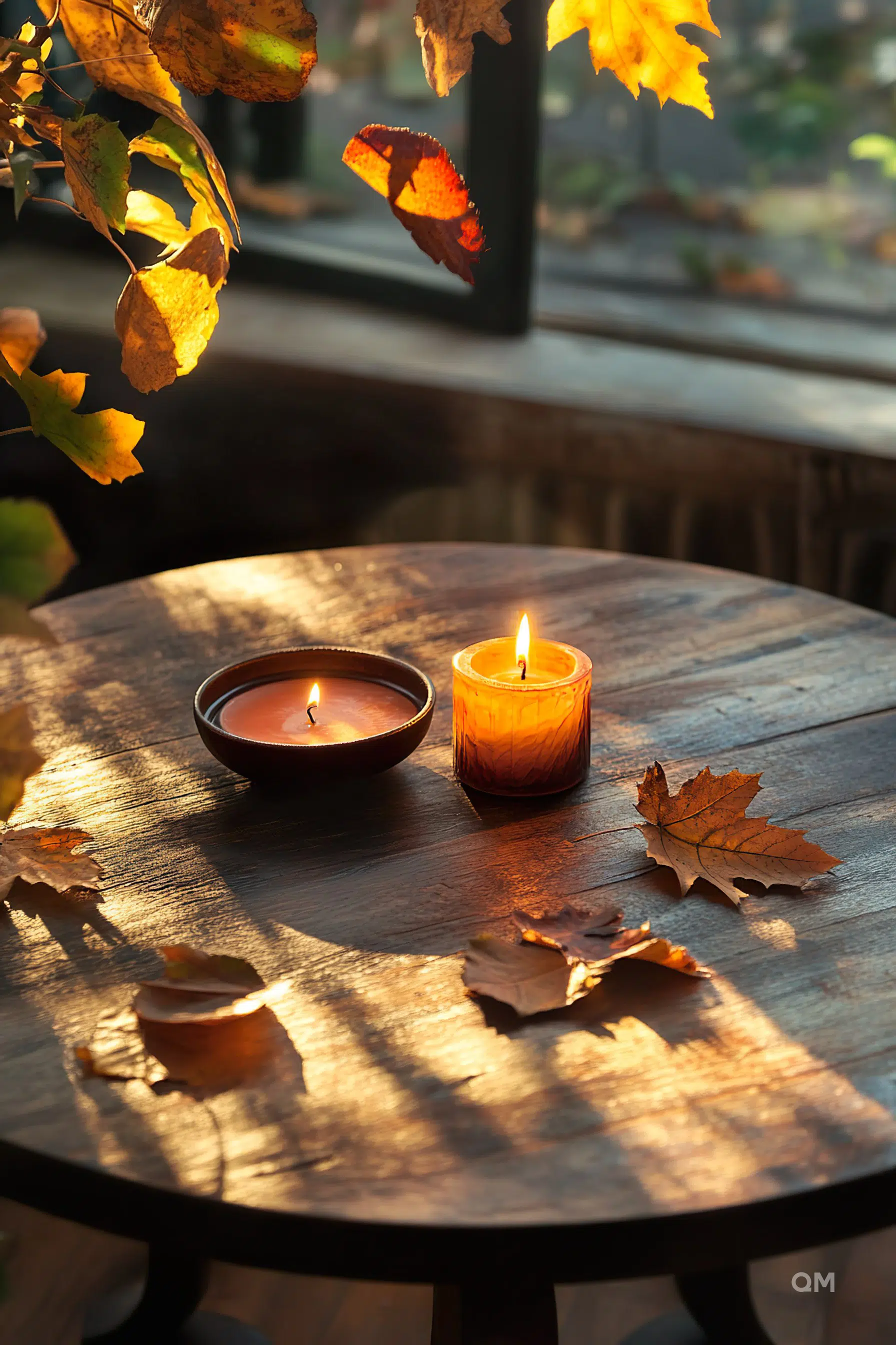 Two candles burning on a wooden table surrounded by autumn leaves, with warm sunlight filtering through.