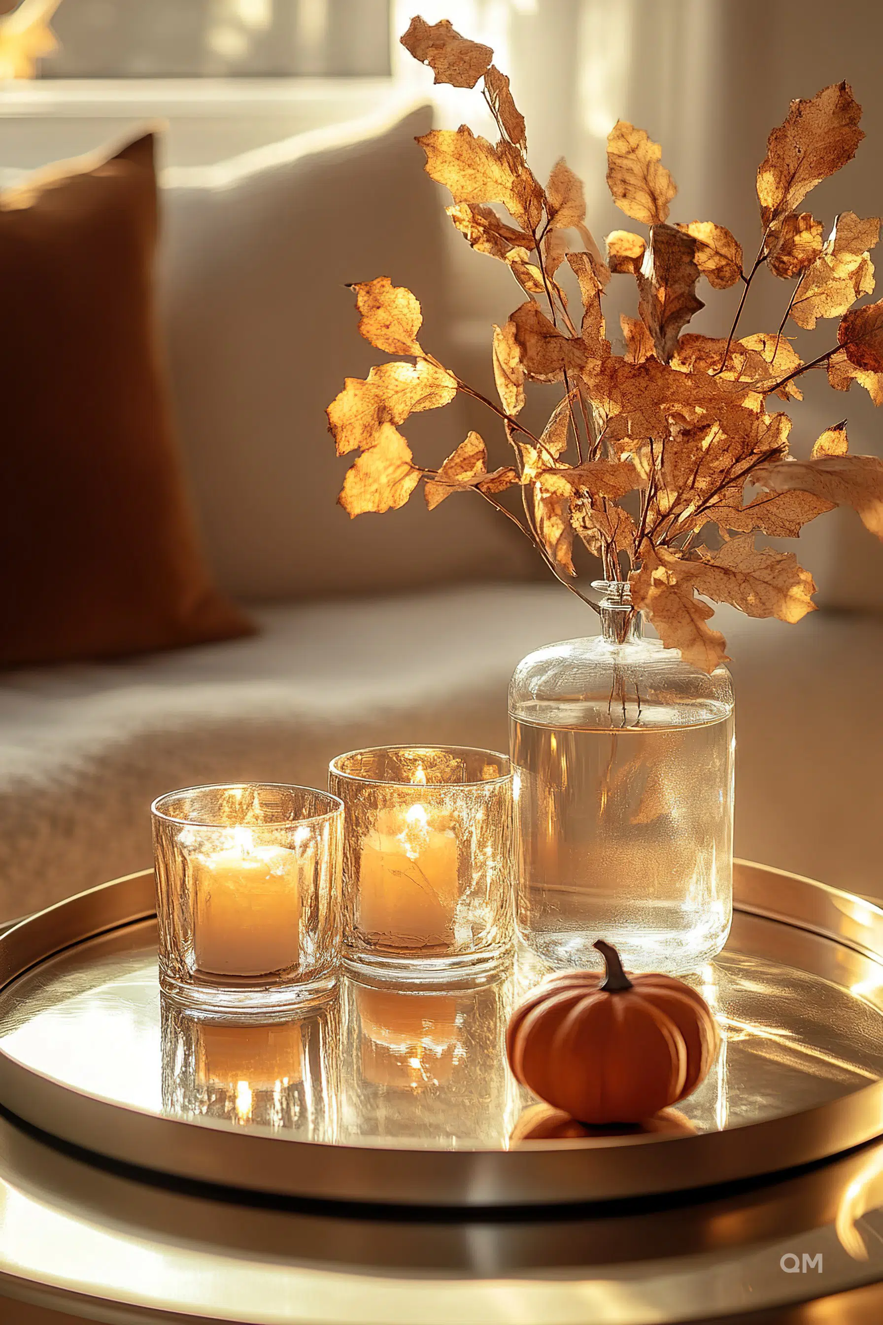 A cozy autumnal setting with lit candles in glass holders, a small pumpkin, and a vase with dry leaves on a golden tray.