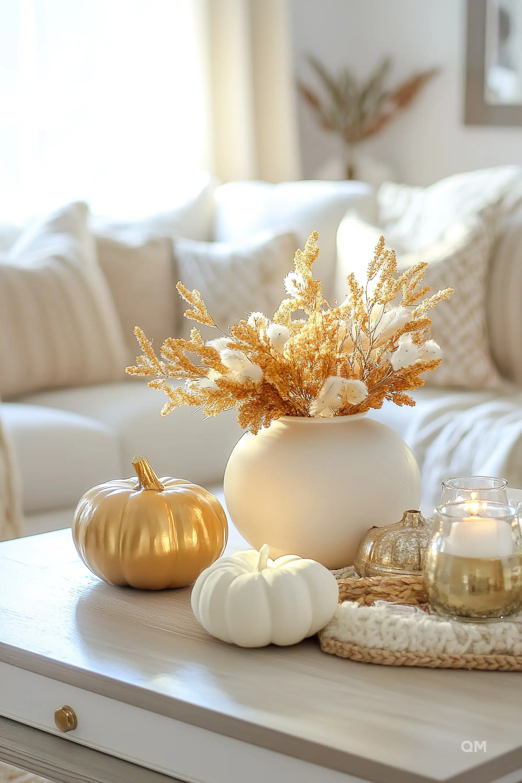 ALT: Cozy autumn themed living room decor featuring a vase with golden foliage, a golden pumpkin, a white pumpkin, and a candle on a table.